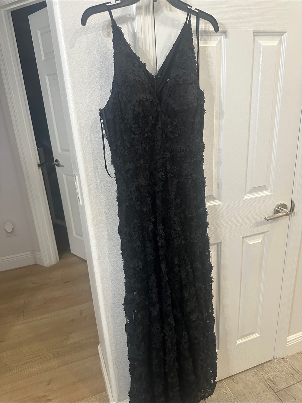 Xscape Black 3D Floral Lace V-Neck Maxi Dress